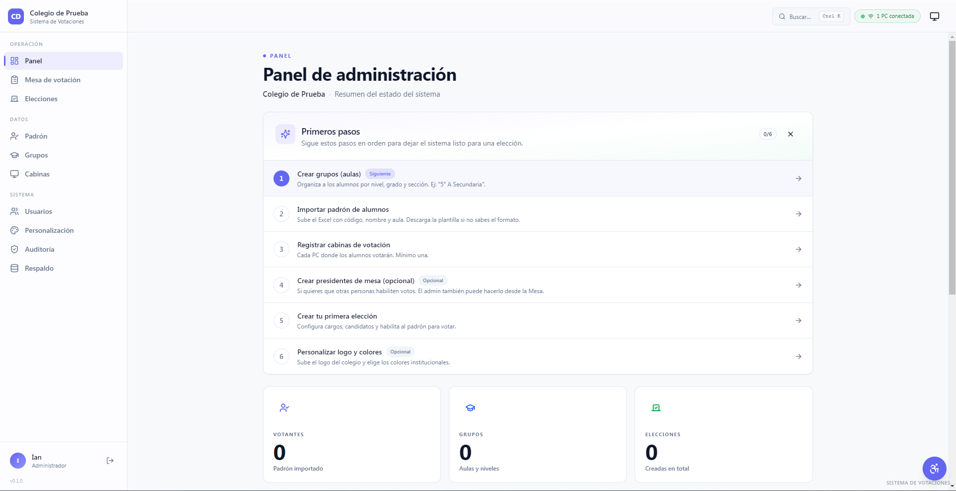 Panel de administración del Sistema de Votaciones L.E.E.