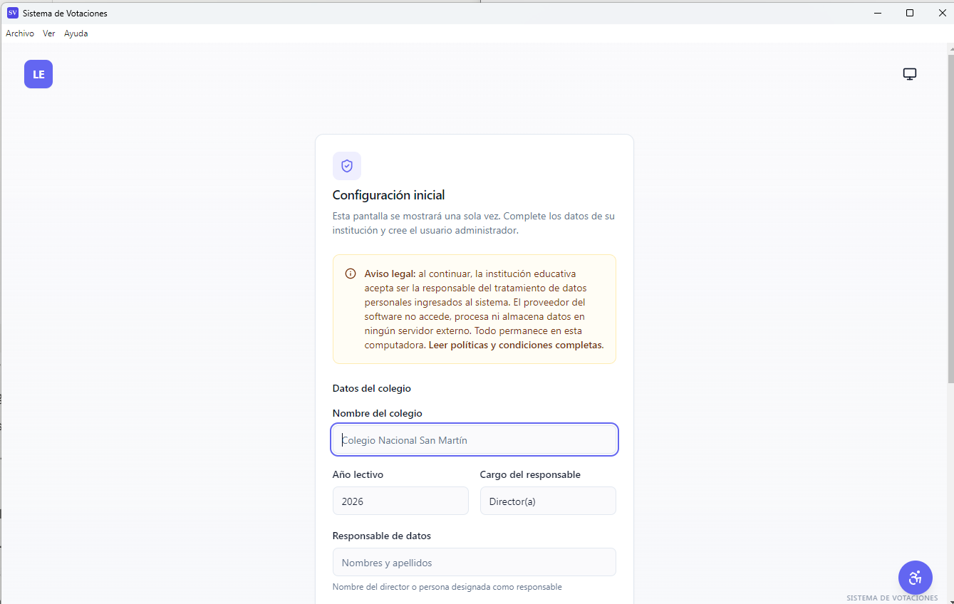 Pantalla de registro del colegio