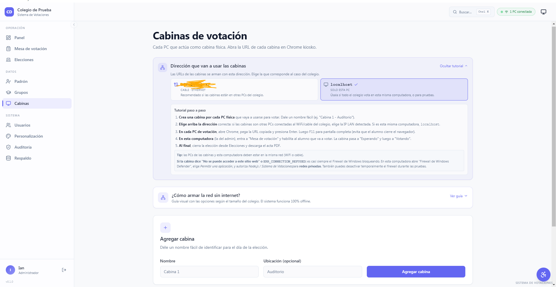 Pantalla de cabinas de votación