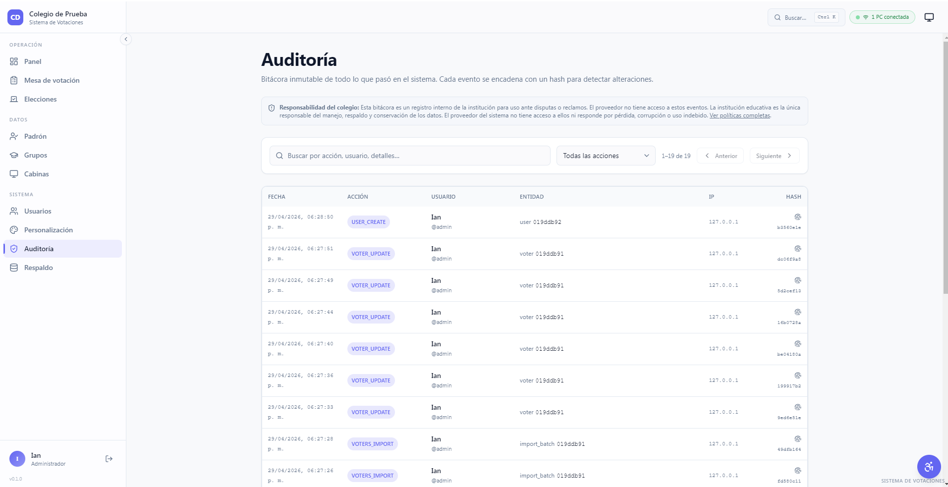 Pantalla de auditoría